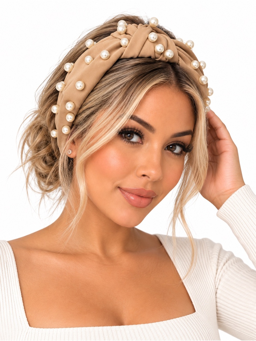 Tan Pearl-Embellished Knotted Headband
